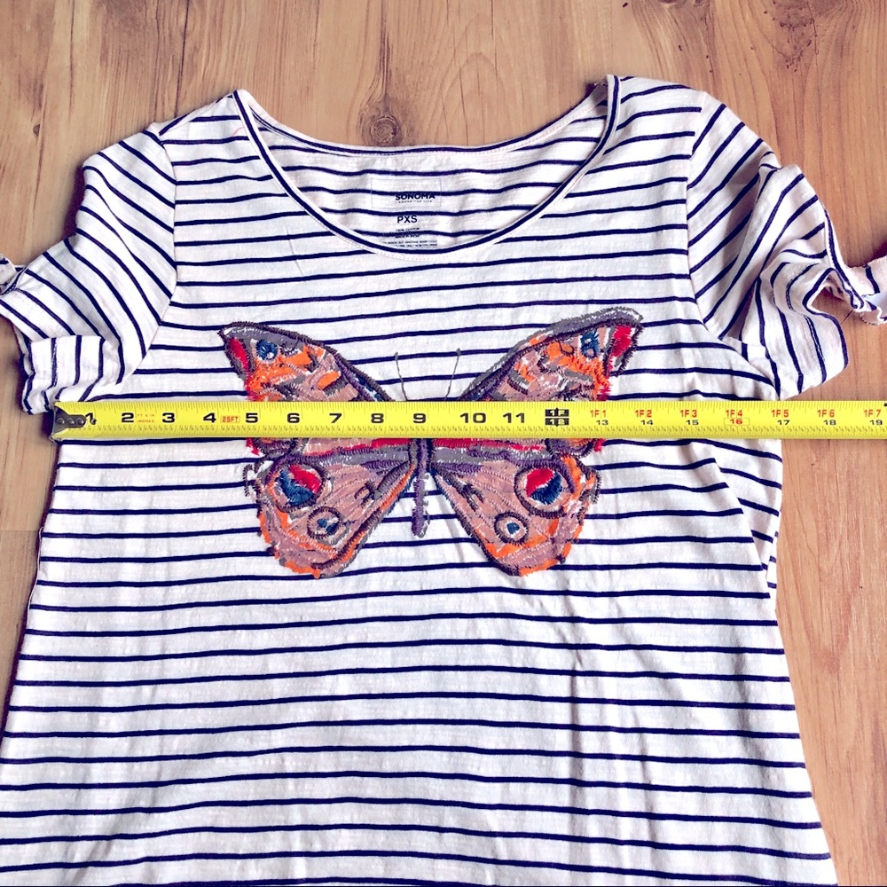 NEW SONOMA Butterfly Embroidery Tee Shirt Striped Petite XS Off White Women’s - Picture 9 of 16